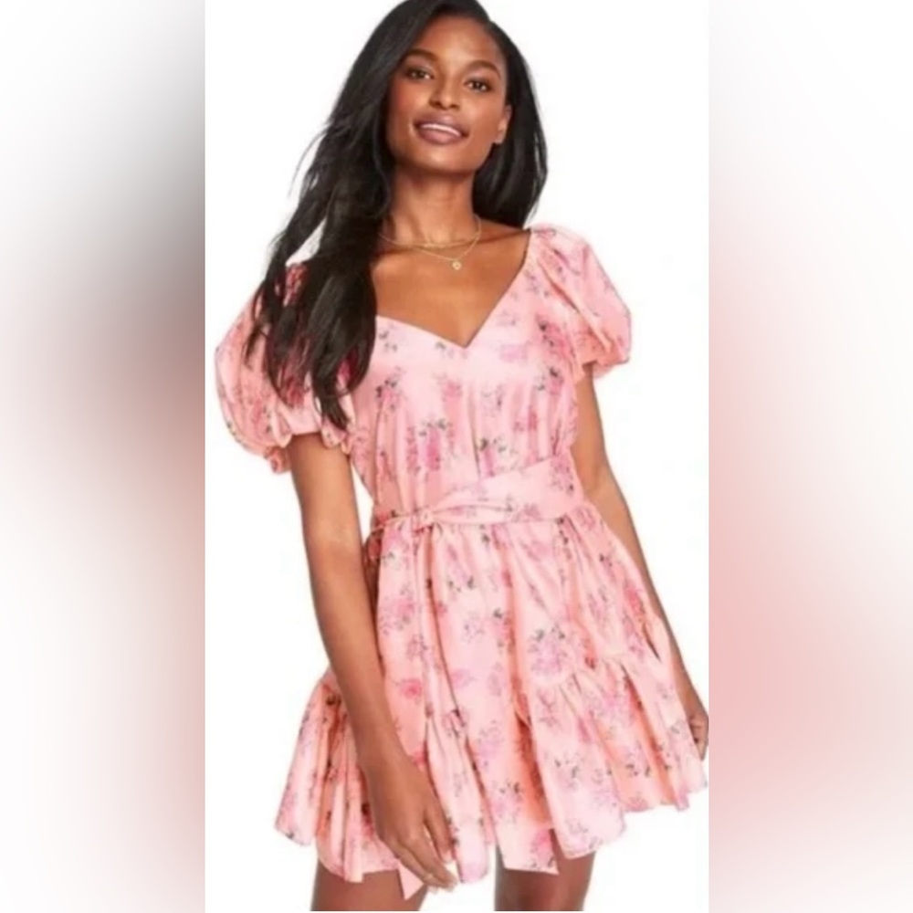 LoveShackFancy Pink Floral Mini Dress with Puff Sleeves